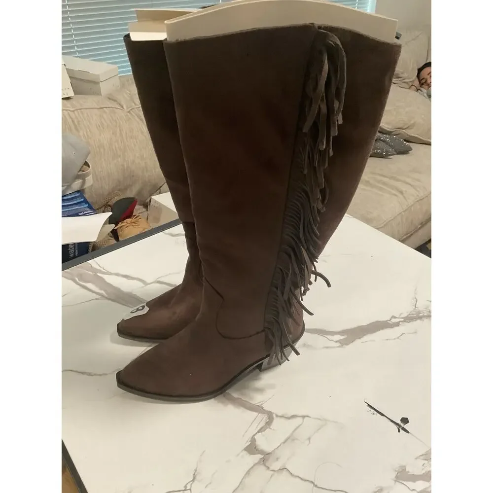 Women’s Brown Western Knee High Fringe Boots Pointed Toe Faux Suede Size 8